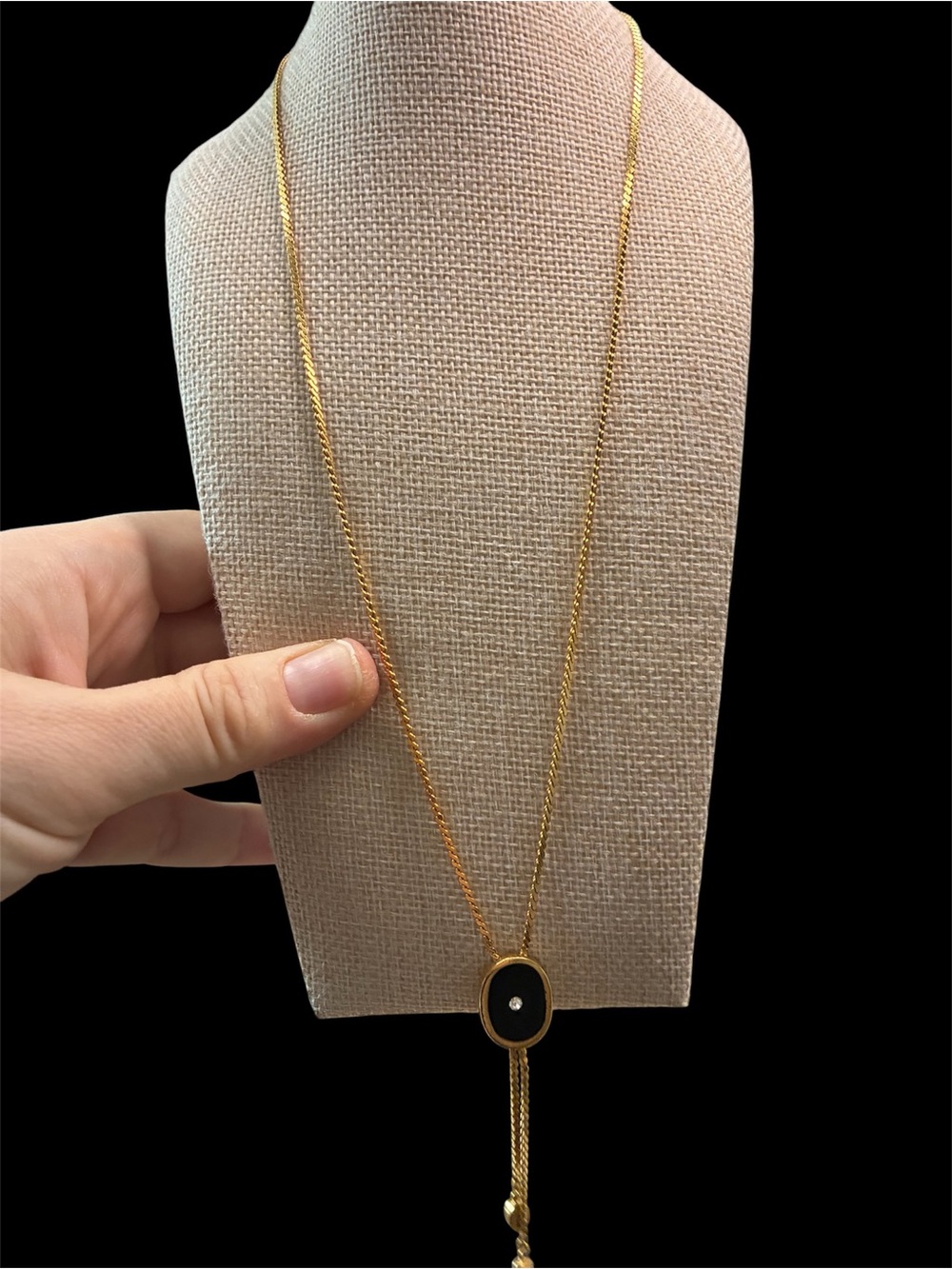 Trifari Gold Tone Long Pendant Necklace with Black Enamel Disc